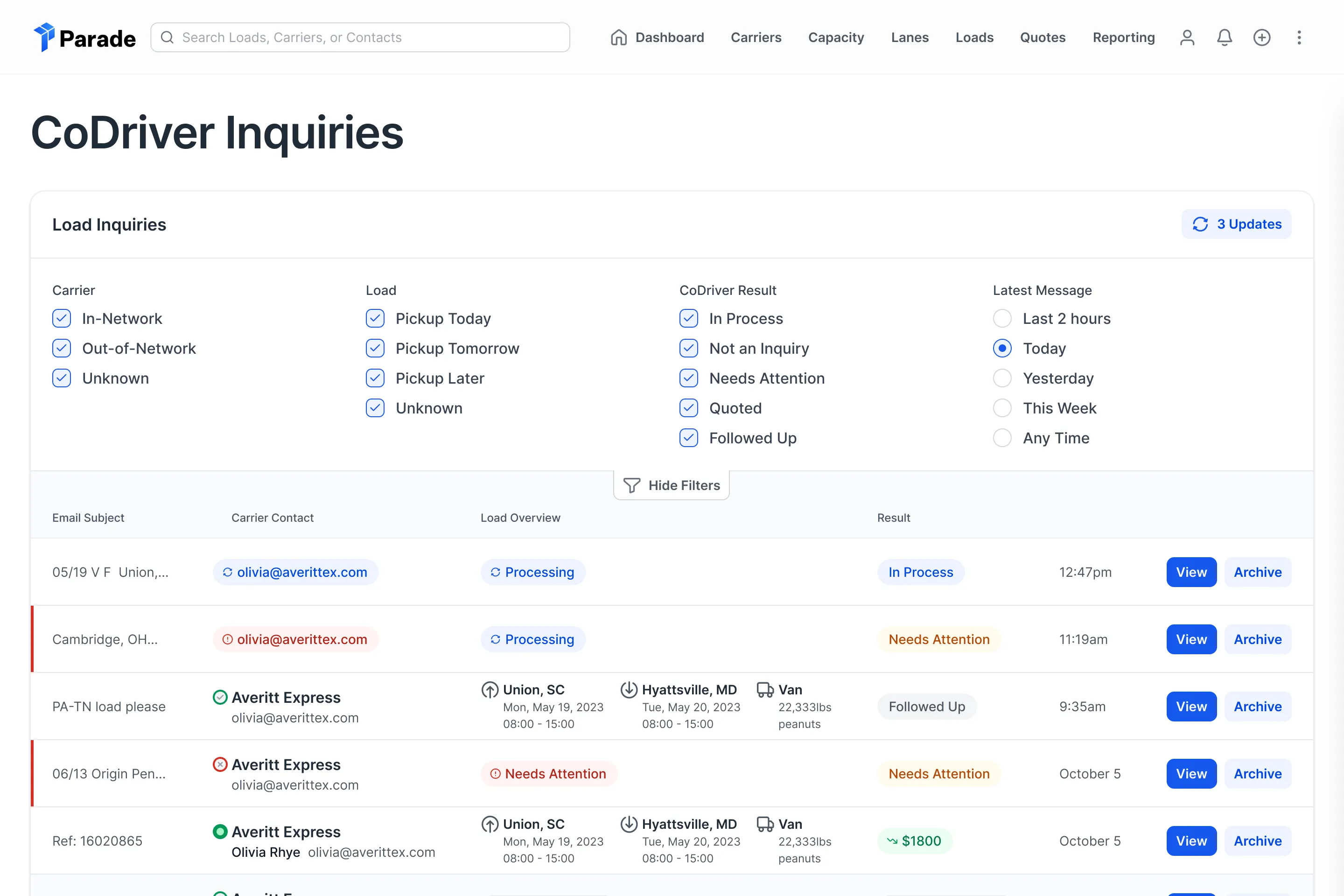 CoDriver filters and conversation status