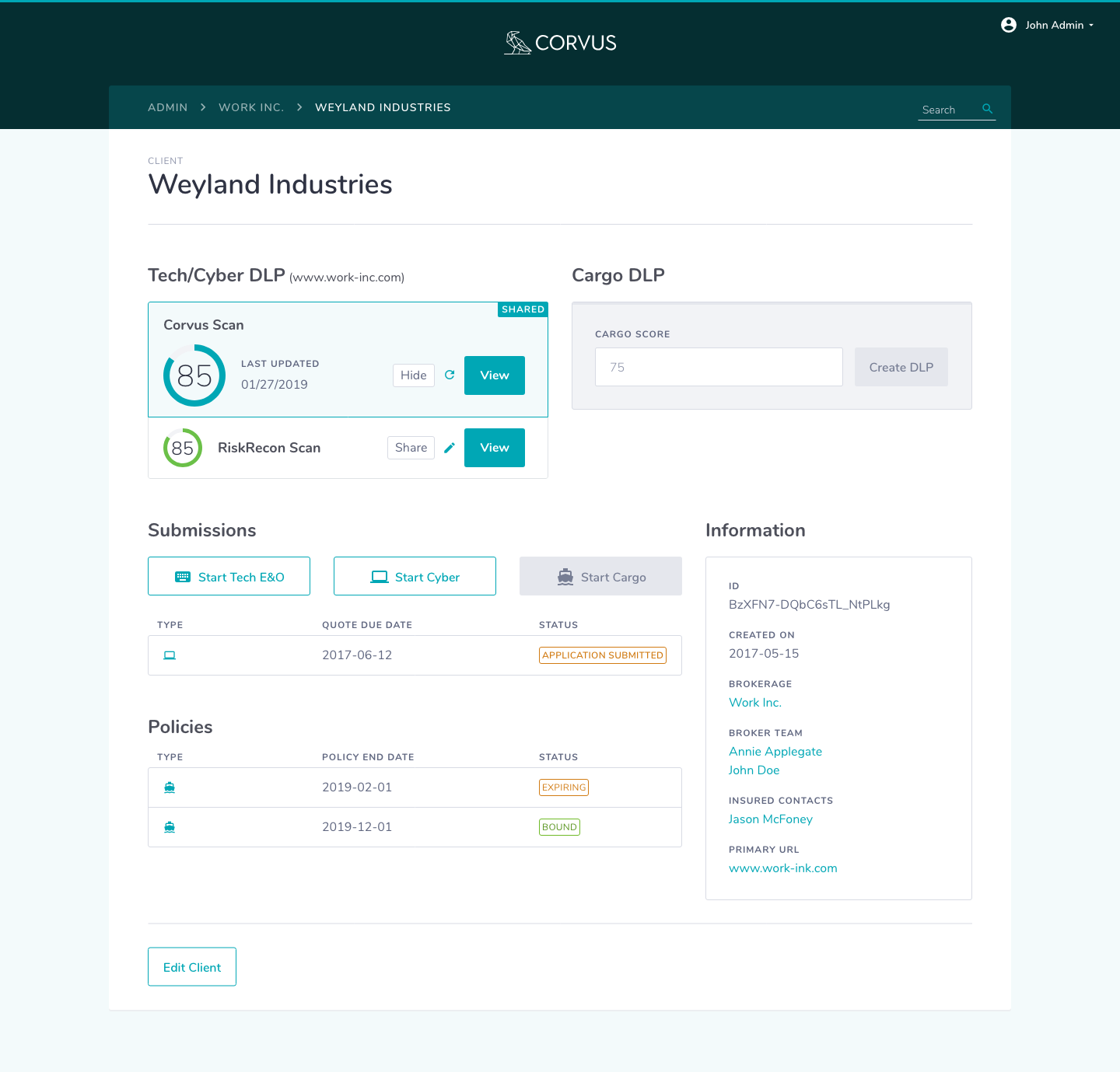 Underwriter view of a client page