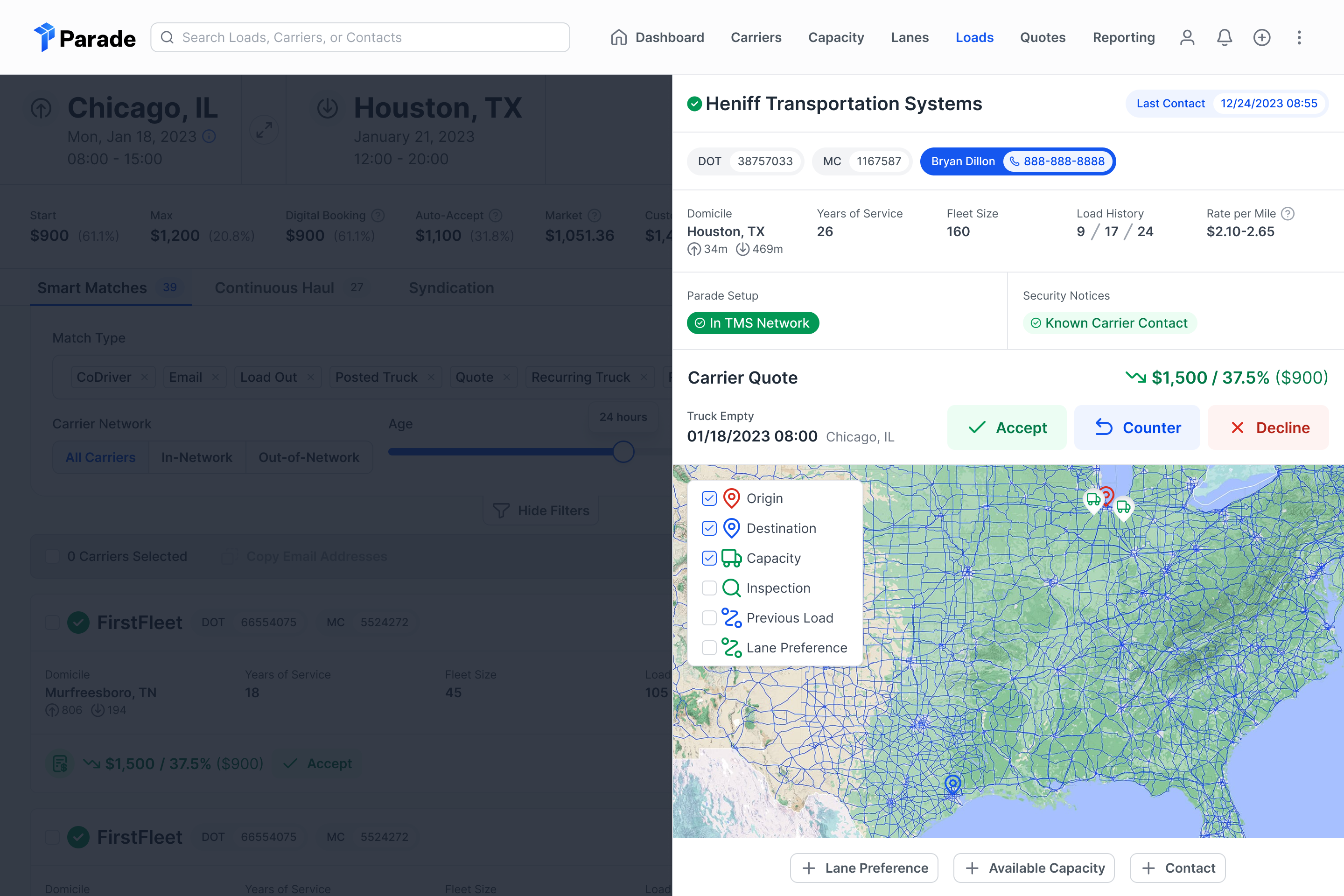 New carrier detail slideout with action buttons