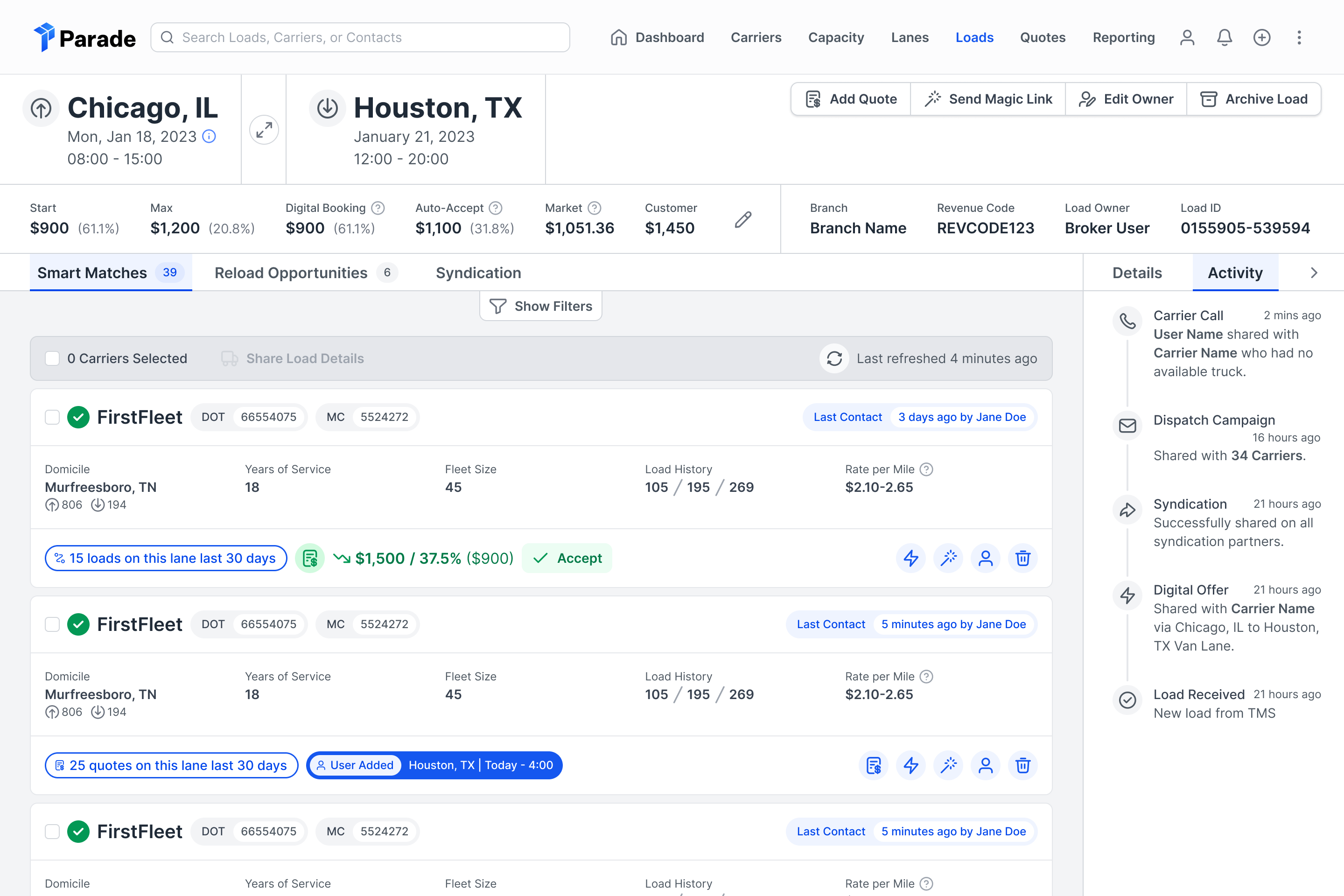 Parade Load Details screen